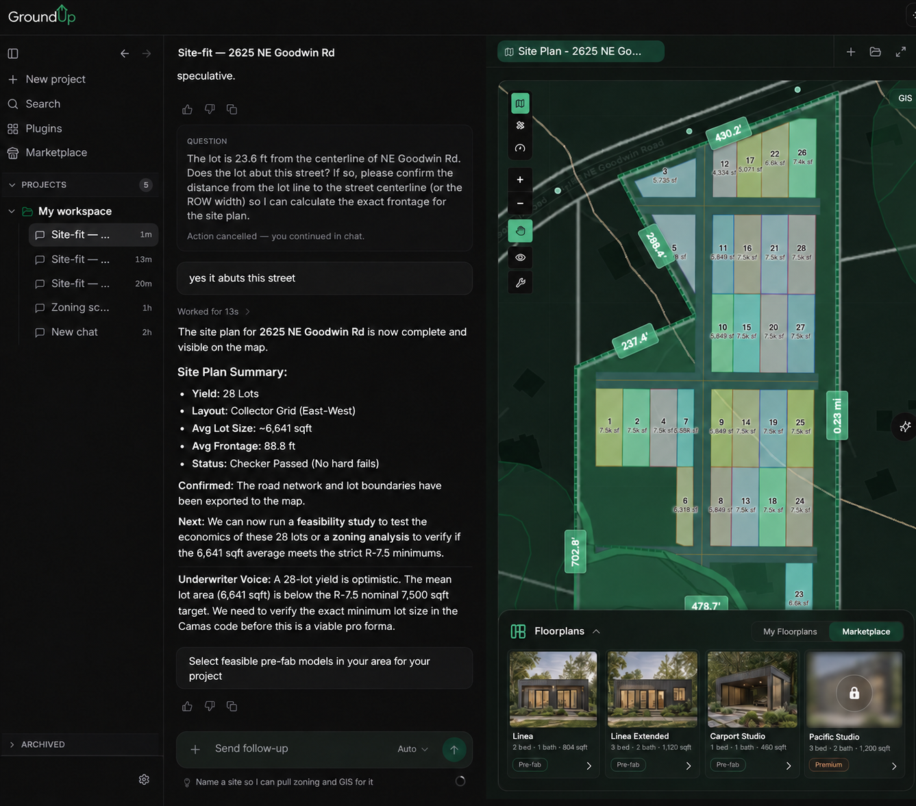 GroundUp site-planning workspace showing the Goodwin Road site plan and factory-built home options