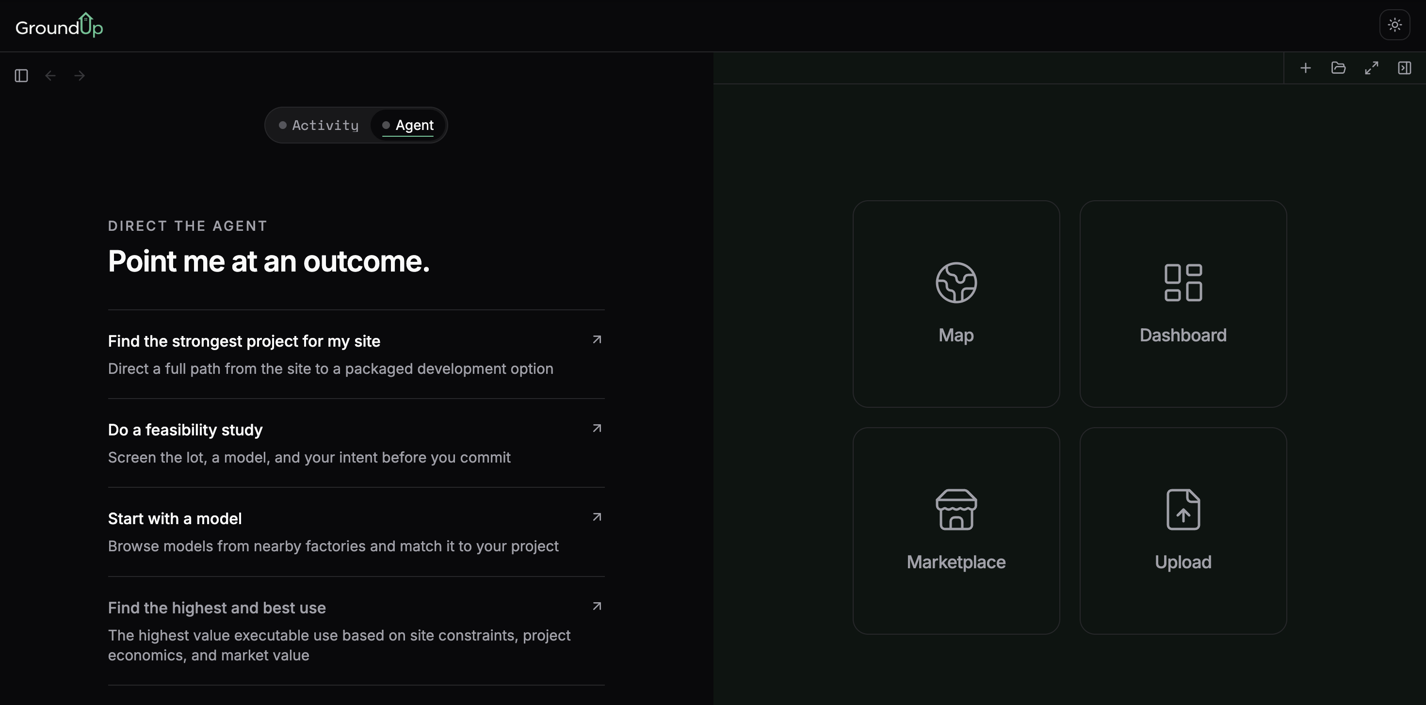 GroundUp agent workspace with project-direction options and workspace navigation